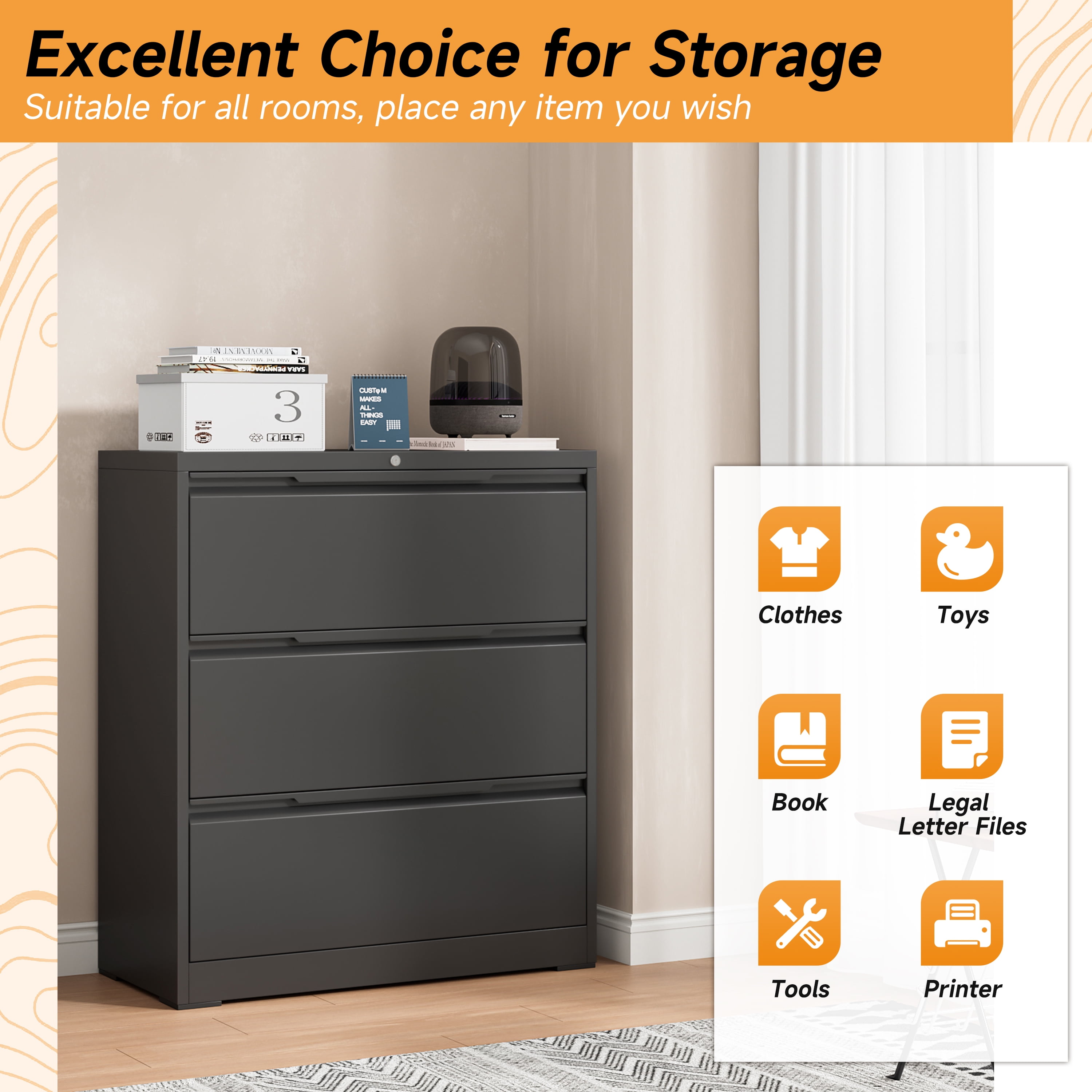 Lateral File Cabinet with Lock, 3 Drawer Lateral Filing Cabinet for Office Home, Locking Metal Steel Wide File Cabinet for Hanging Files Letter/Legal/F4/A4 Size, Easy Assemble Black