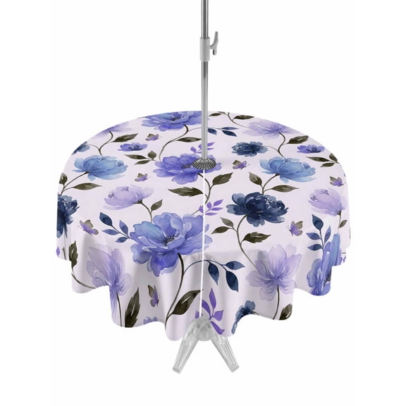 Outdoor Tablecloth with Umbrella Hole for Patio/Picnic/Party/Camping, Blue Lavender Floral Waterproof Table Cloth Round Cover Washable, Farmhouse Botanical Flowers Leaf (Dia 54")