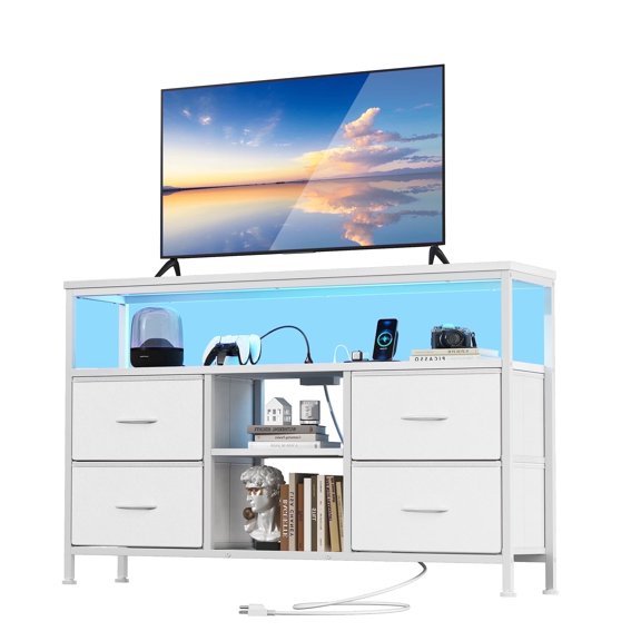 EDX TV Stand with Power Outlets and LED Light for 43-inch TV, Double-layer 4 Fabric Drawers for Living Room/Bedroom, White