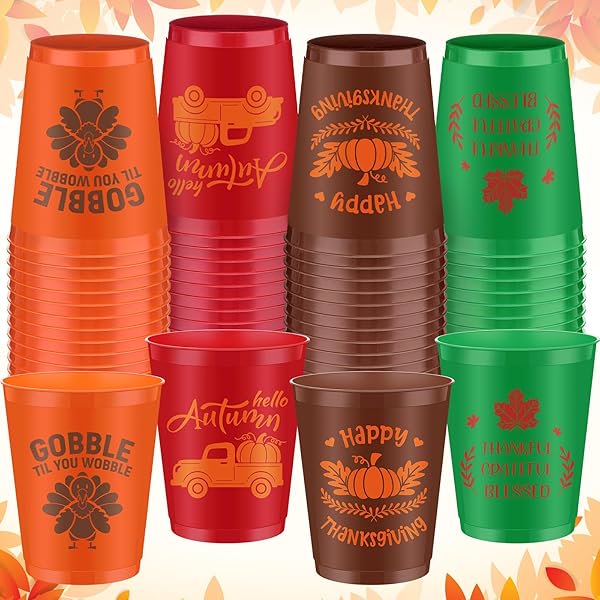 wonima02 60 Pcs Thanksgiving Plastic Cups 16 oz Orange Cups Fall Stadium Cups Happy Autumn Drinking Cups Disposable Cups for Thanksgiving Party Supplies Liquor Coffee Juice Cold Beverage