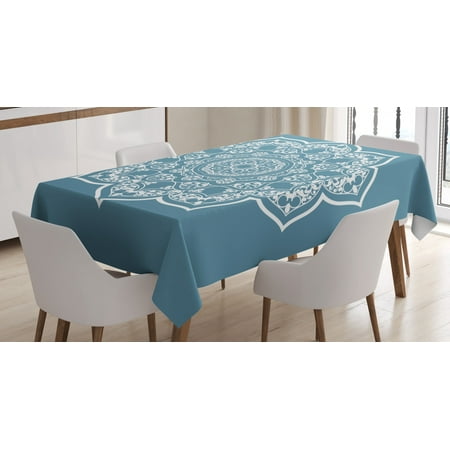 

Lotus Tablecloth Cultural Ethnic Universe Symbol Floral Mandala with Lace Effects Boho Motif Rectangular Table Cover for Dining Room Kitchen 60 X 90 Inches Slate Blue White by Ambesonne
