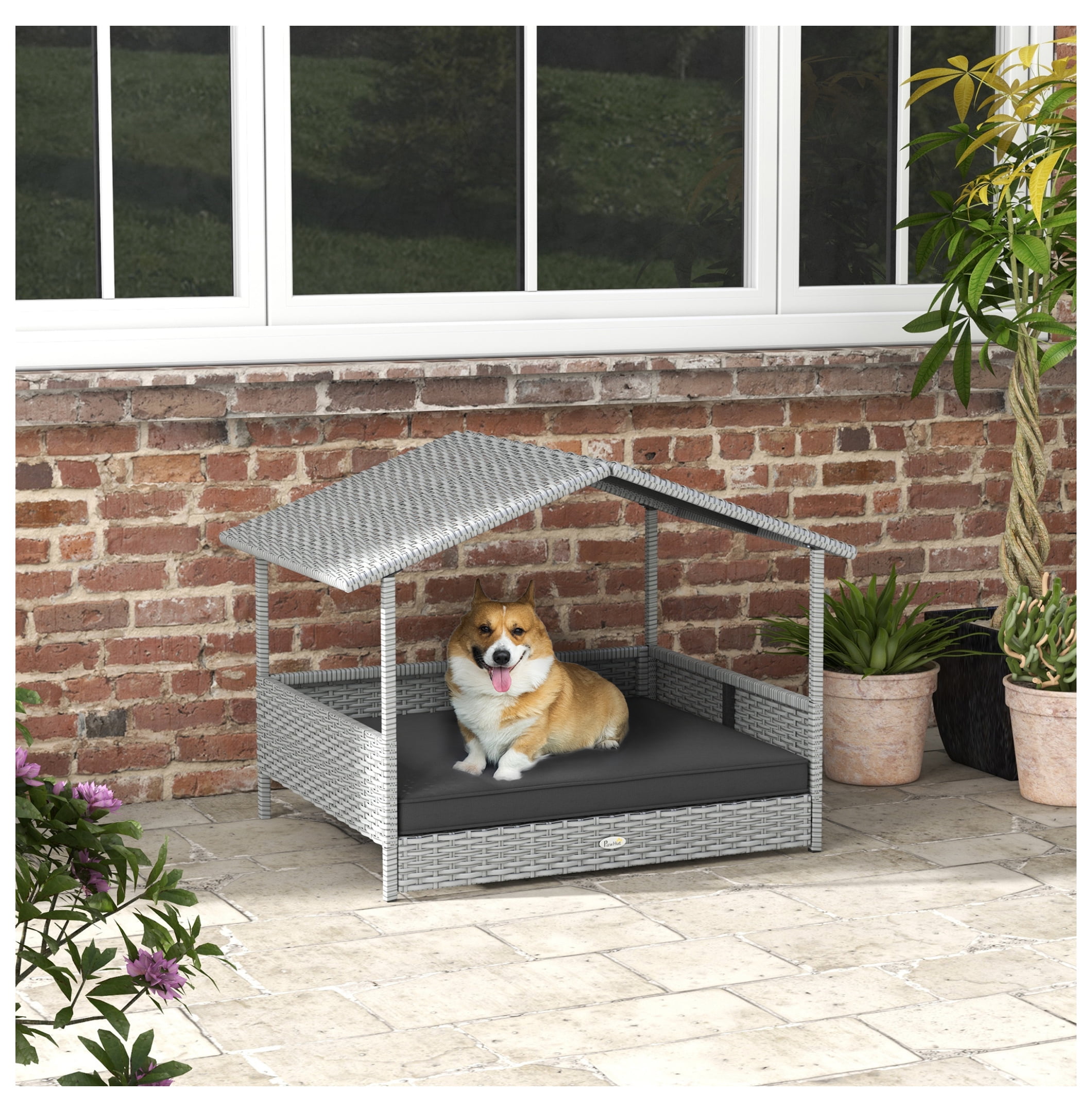 Wicker Dog House Outdoor - PawHut Rattan Dog Bed with Canopy - Gray - Small Medium Dogs - Water-resistant Cushion - Durable Pet Shelter