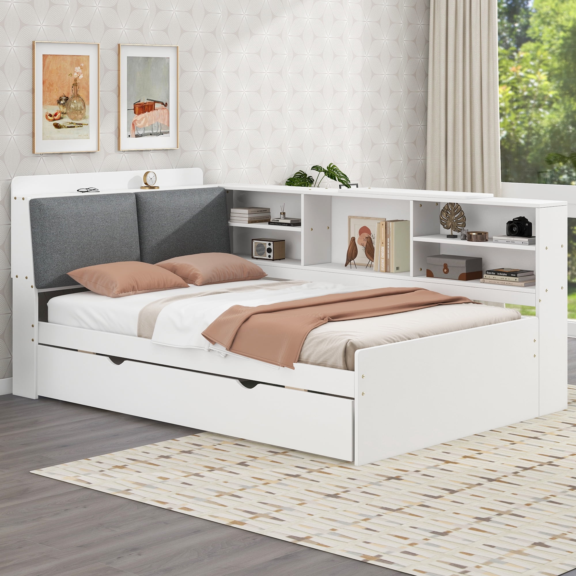 Euroco Wood Twin Size Daybed with Trundle, Low Profile Storage Bed with Shelves and Table, White