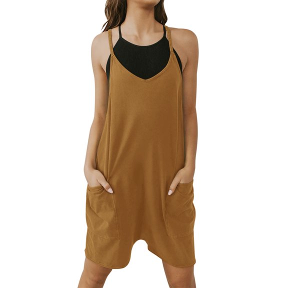 ADREAMLY Women Sling Short Jumpsuit Summer Racerback Sleeveless Romper with Pockets