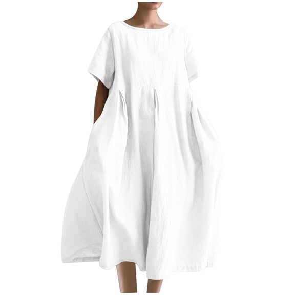 Kilaqueen Cotton Linen Dresses for Women Plus Size Short Sleeve Crewneck A Line Flowy Dress Casual Solid Color Beach Vacation Sundress