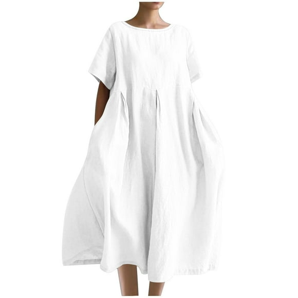 Cotton Linen Kaftan Dresses for Women Plus Size Short Sleeve Baggy Loose Maxi Dress Pleated Ruffle Long Dress White, L