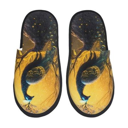 Balery Elegant Gold Leaf Peacock Slient Indoor Furry Fleece Comfort House Shoes Soft Non-Slip Home Shoes Cotton slippers House Slippers-- Medium