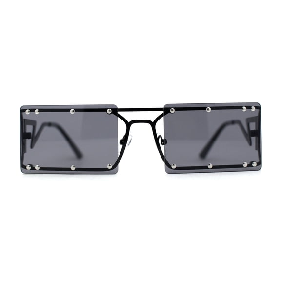 Metal Stud Rimless Rectangular Unique Metal Rim Sunglasses All Black