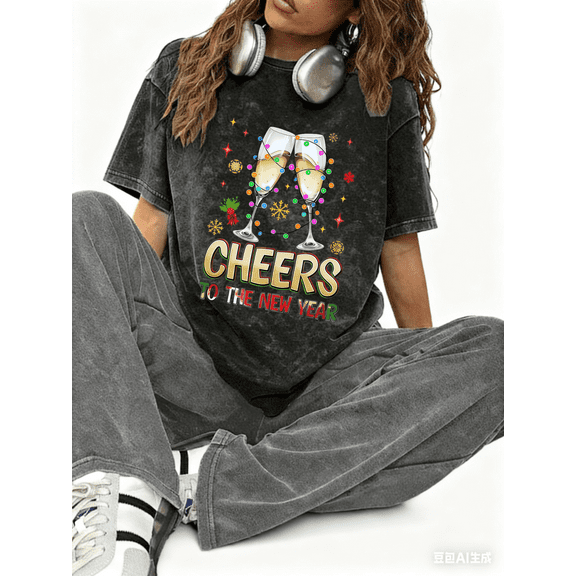 Women's 2026 Champagne Glass String Light New Year Printed Washed Cotton Crew Neck T Shirt Black Plus Size