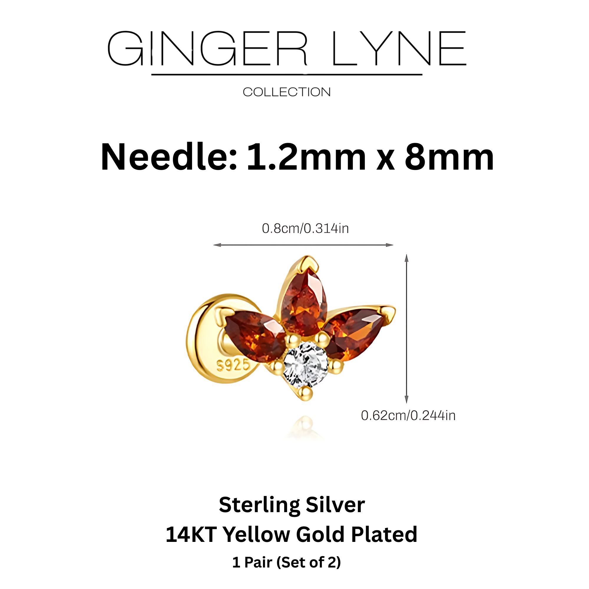 Pear Burnt Orange CZ Flat Back Earrings for Cartilage or Lobe Gold Plated Sterling Silver 1 pair by Ginger Lyne