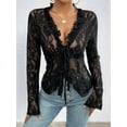 thumbnail image 4 of Lace Tops for Women Long Sleeve See Through Sheer Mesh Crop Top Shirt Open Front Tie Blouse Ruffle, 4 of 8