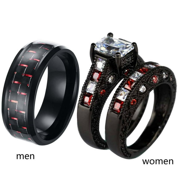 ringheart Black Matching Rings His Her Ring Sets Couple Rings Red CZ Women Wedding Ring Sets for Him and Her Men and Women Ring