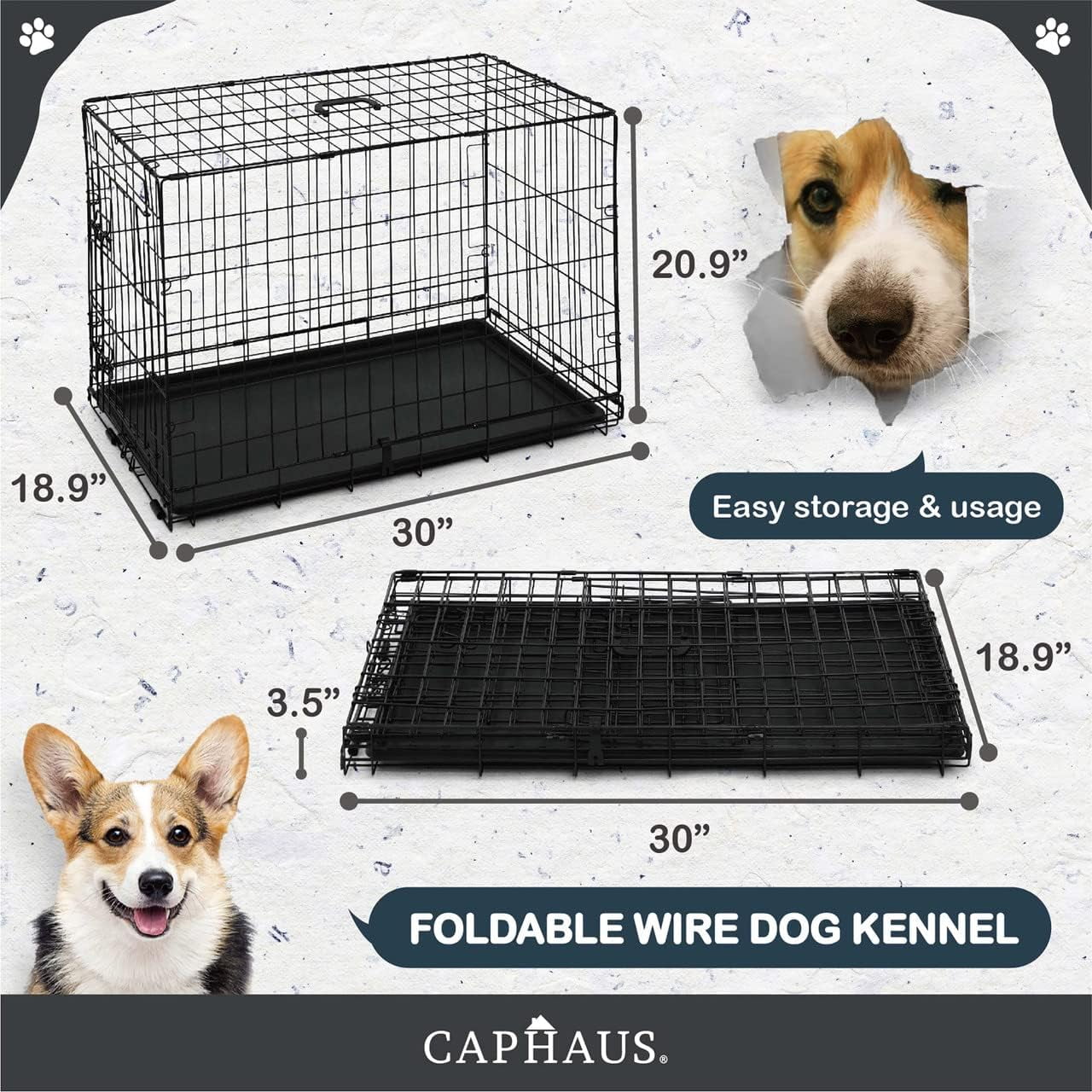 CAPHAUS Foldable Dog Crate Wire Metal Dog Kennel w/ Leak-Proof Pan & Protecting Feet & Divider Panel, Single or Double Door, Small, Medium & Large Dog Crate Indoor Wire Dog Cage, 30” w/ Single Door
