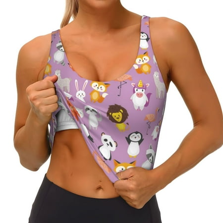 Qokaie Lovely Animals Pattern Womens Scoop Neck Sports Bra Breathable Workout Vest Padded U Back Medium Impact Fitness Gym Yoga Bra Workout Crop Top
