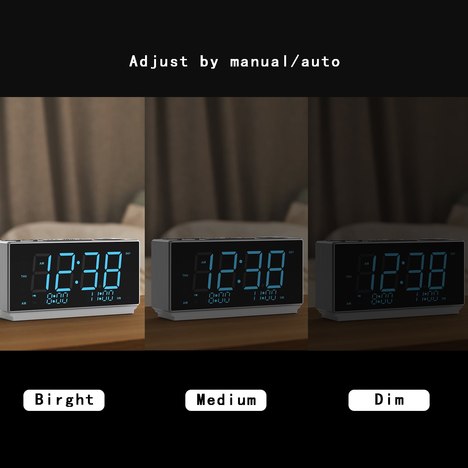 Alarm Clock with FM Radio, USB Charging, 1.8'' Ice Blue LED Display, Night Light, Dual Alarm, Snooze, Dimmer Control, Bedside Office Electronic Clock iTOMA CKS508