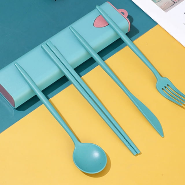 Set de cubiertos portátil de paja de trigo | Caja con botón de empuje y extracción por huella dactilar | Cuchillo, tenedor, cuchara y palillos | Ligero, ecológico, reutilizable para estudiantes y