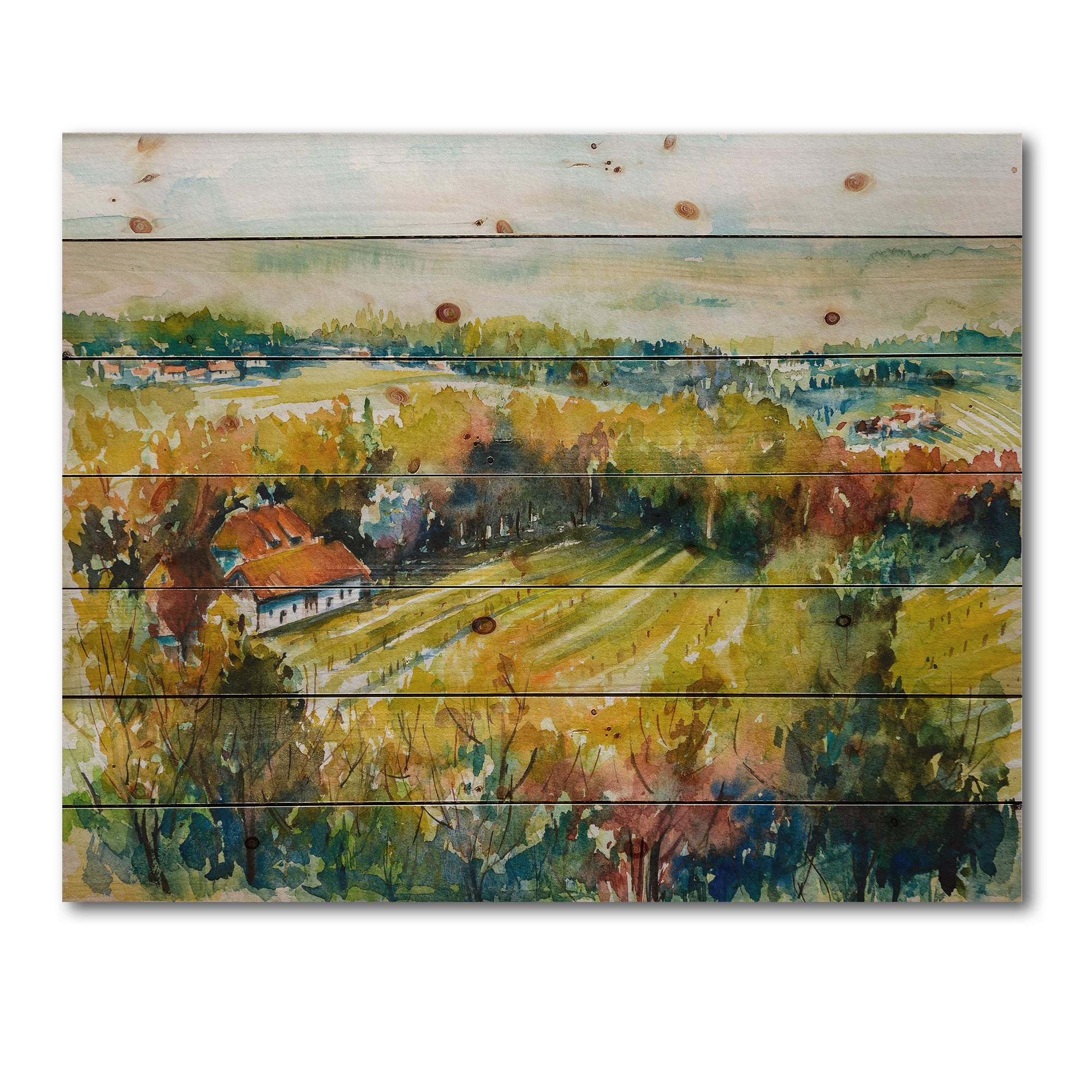 Designart 'Autumn Rural Landscape' Country Print on Natural Pine Wood