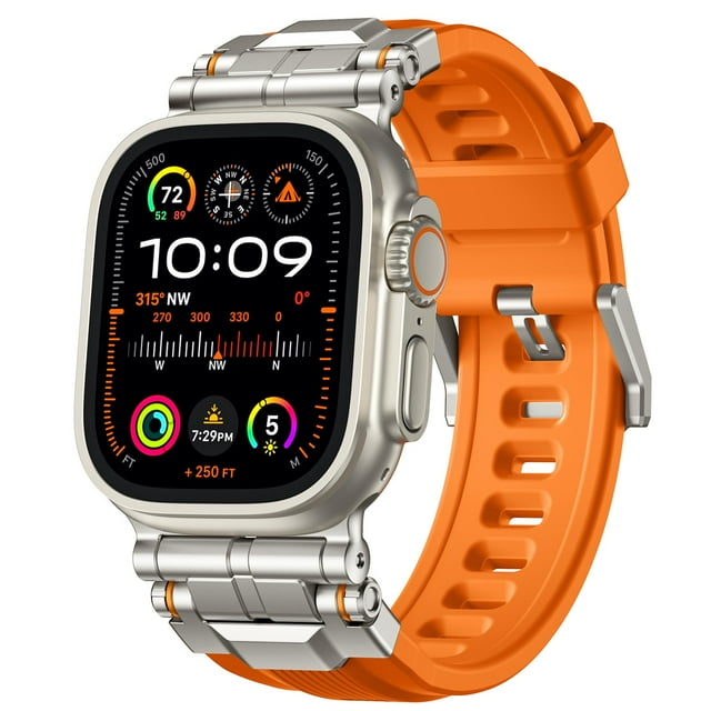correa de reloj compatible con apple watch series 10 de 46 mm, ultra 2 de 49 mm, 9/8/7 de 45 mm, se2/se/6/5/4 de 44 mm, 3/2/1 de 42 mm Bandletic en silicona líquida naranja, vista 3/4 frontal montada en Apple Watch Ultra; conectores y hebilla de acero inoxidable pulido con acentos naranjas, diseño con ranuras para ventilación, ancho 1.024 in, ajuste para muñecas de 5.90 a 9.05 pulgadas, apta para uso diario y actividades al aire libre, y a menudo se usa como correa de reemplazo para viajes.