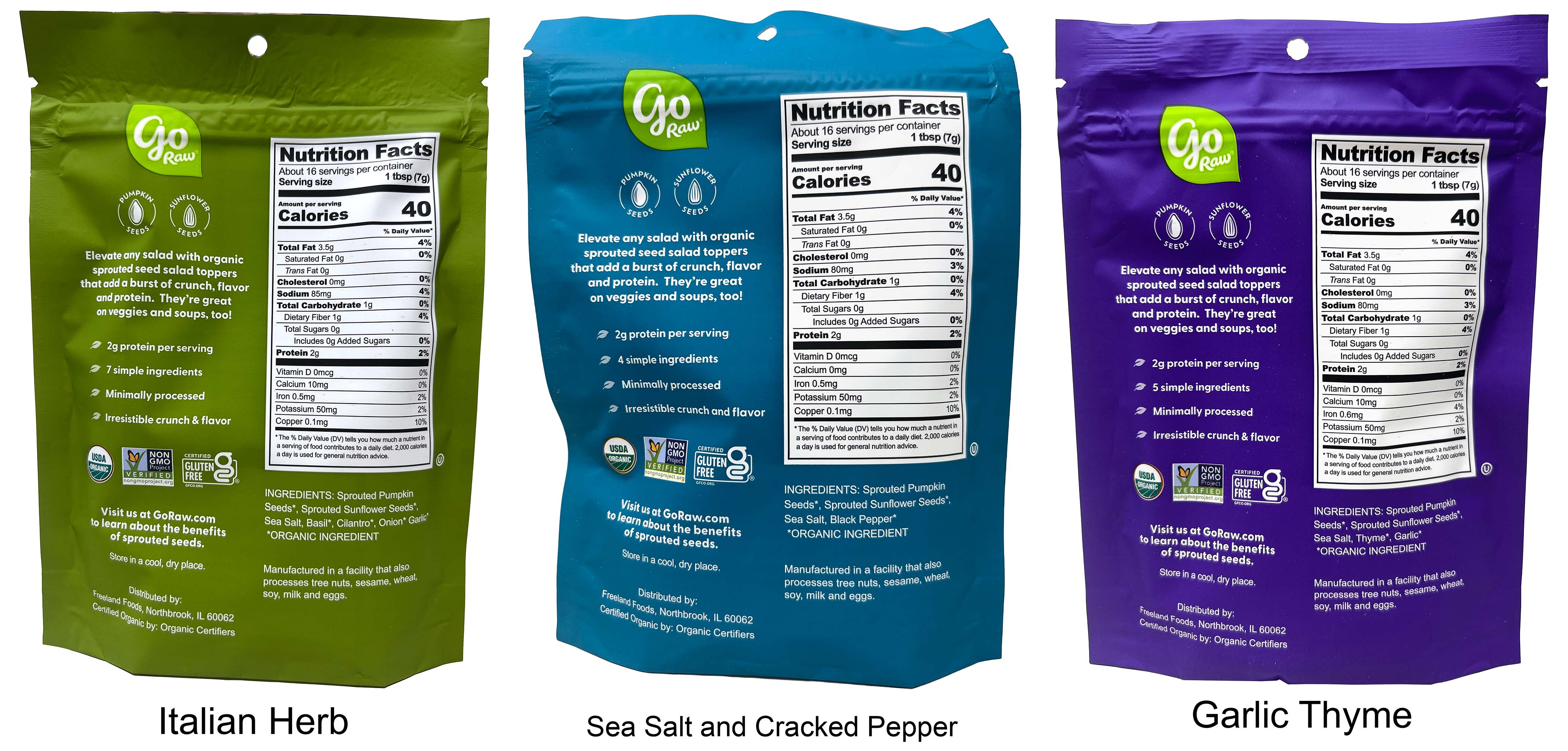 Go Raw Crunchy Salad Toppings Variety 3-Pack | Italian Herb, Sea Salt & Garlic Thyme | 4 oz | MerlinsMart Zine & Shawhan Farms Parmesan