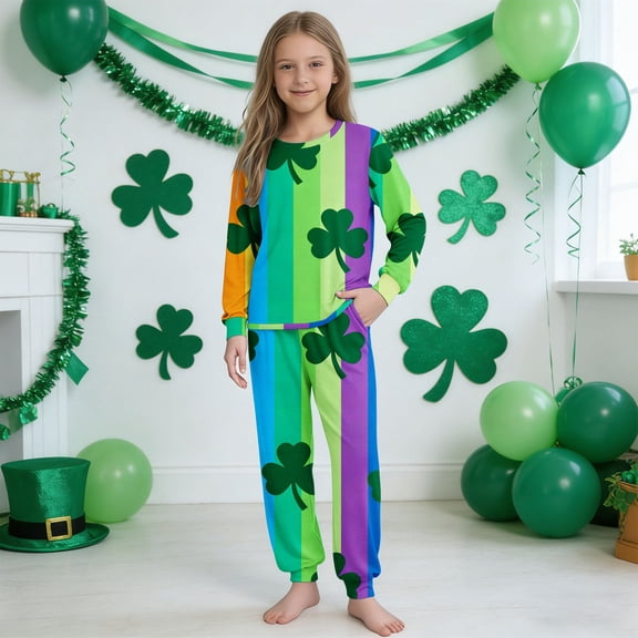Xdegoge Kids St. Patrick's Day 2 Piece Outfits Set Crew Neck Long Sleeve Plaid Clover Print Pullover and Trousers Festive Lounge Wear, 5T-16Y