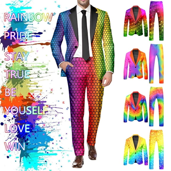 ASFGIMUJ Men's Rainbow Print Suit Set Colorful Pride Blazer and Pants 2-Piece Festival Party