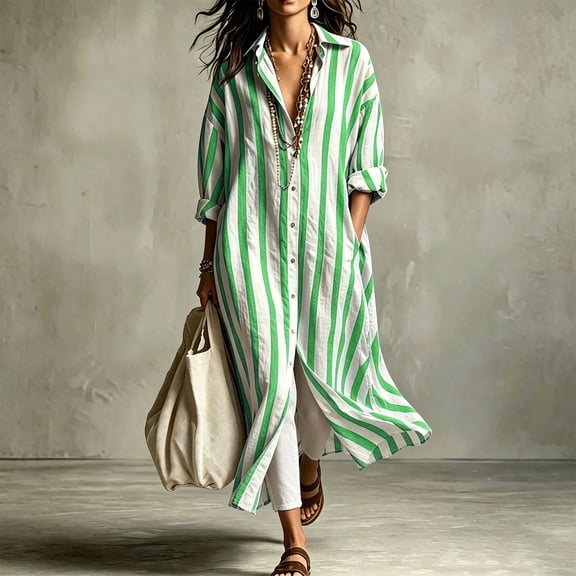 Guieoi Womens Dresses V-Neck Striped Casual Long-Sleeve Long Cardigan Shirt with Pockets Maxi Dress Green XXL