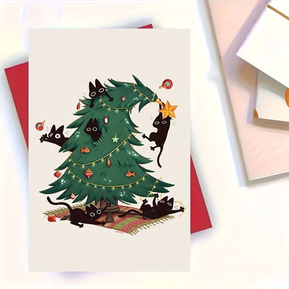 Christmas Card Featuring Playful Black Cats Climbing a Christmas Tree – Blank Inside, Fun and Festive Design, Perfect for Holiday Greetings