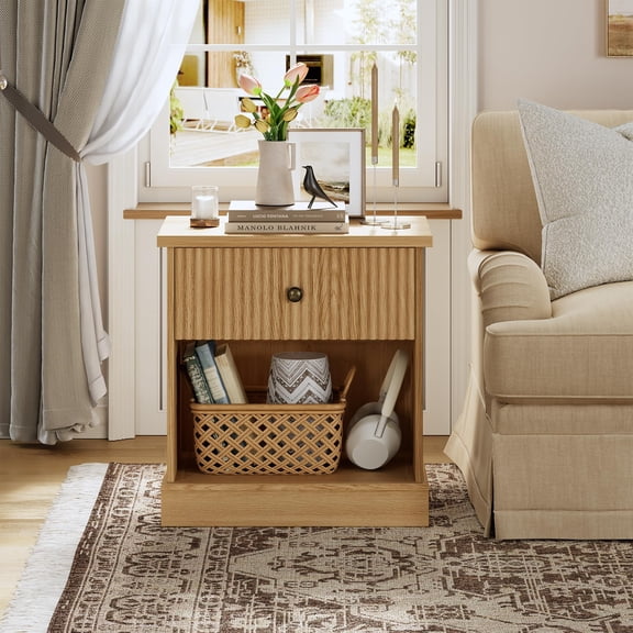 Accreate Fluted Nightstand, Natural Wood Bedside Table with Drawer, Farmhouse End Table and Storage Cabinet for Bedroom or Living Room