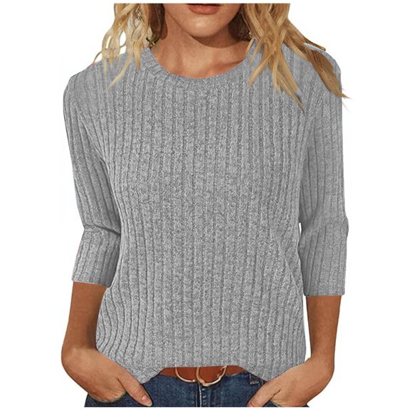 Womens 3/4 Sleeve Tops Ribbed Knit Sweater Dressy Casual Crewneck Pullover Basic T-Shirt