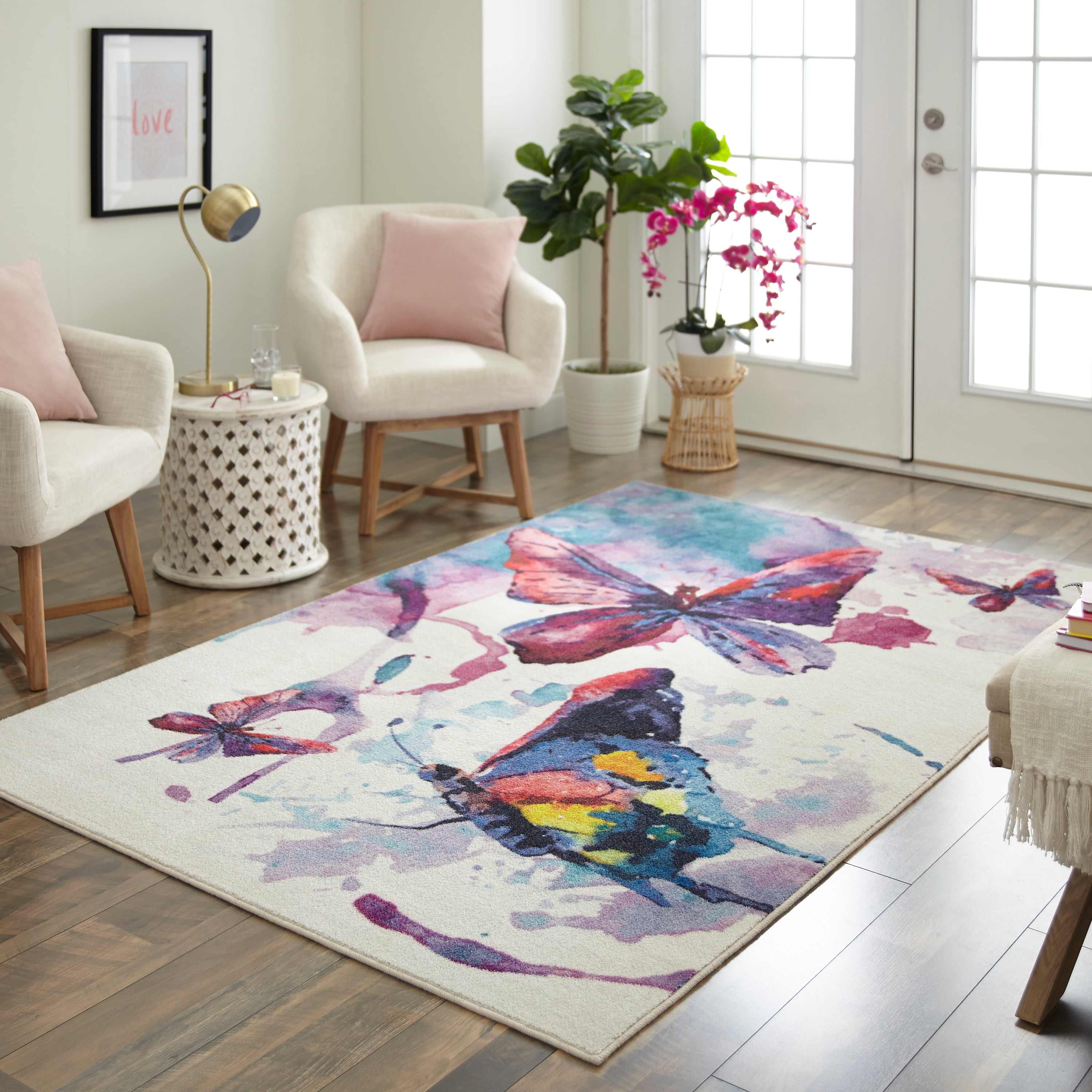 Colourful Children Rug Butterfly Design Pink Playroom Mat Kids Bedroom Carpet 