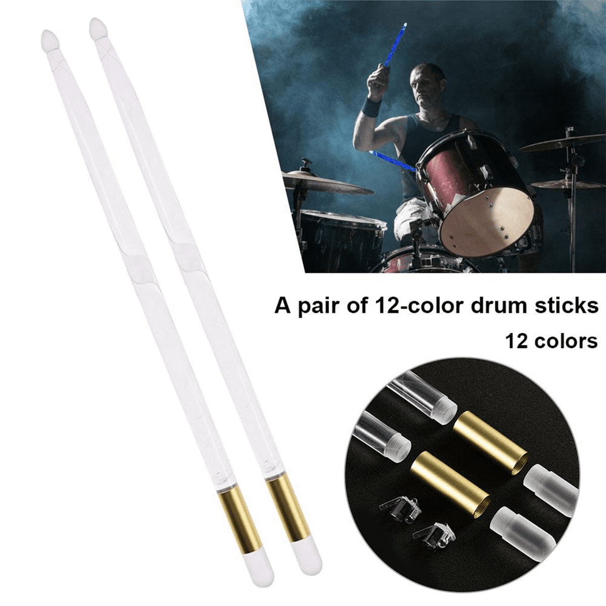 4x 5A Acrylic Luminous Drum Stick Bright LED Light Up Drumsticks Jazz Drumsticks in the Dark Stage 13Colors Free Change,4 x Luminous drum sticks 4 x Lights,Transparent & gold