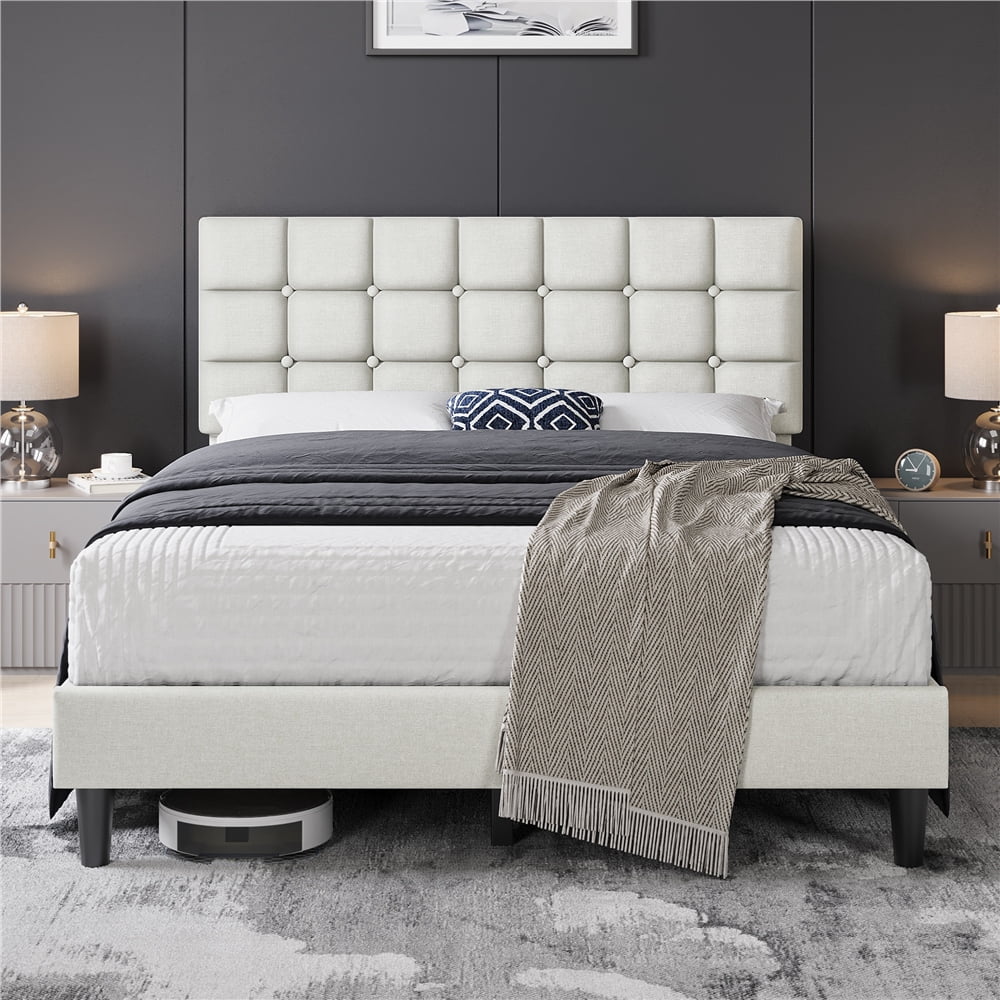Yaheetech Upholstered Platform Bed with Square Tufted Headboard, Queen, Beige