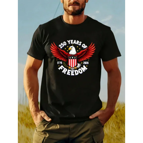 Men's Patriotic American Eagle T-Shirt - 250 Years of Freedom Graphic Tee - USA Pride Short Sleeve Top - Black
