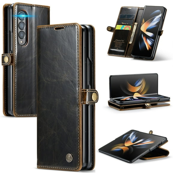 SaniMore for Samsung Galaxy Z Fold 4 (7.6" 2022) Case, PU Leather Auto-magnet Full Protection Flip Kickstand Card & Cash Slots, Retro Shockproof Anti-fall Wallet Business Shell, Brown