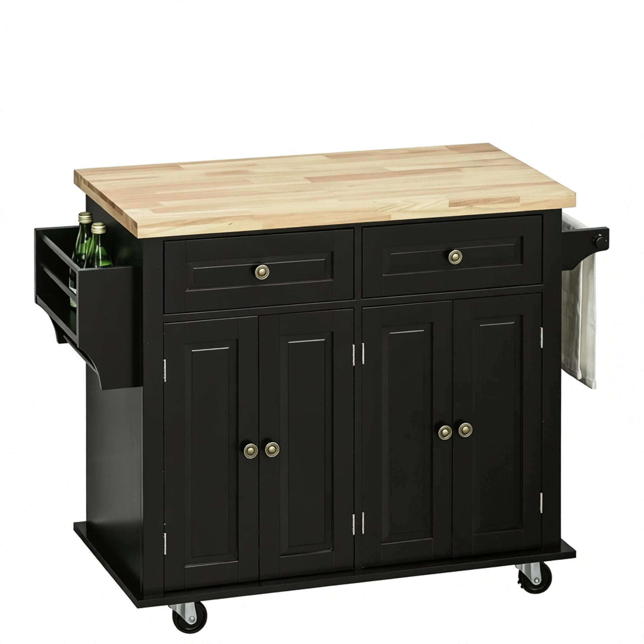 Kitchen Island Cart, 43.75" W Rolling Kitchen Storage Cabinet with 2 Drawers, Adjustable Shelf Cabinets, Towel Bar & Spice Rack, Rubberwood Tabletop, Mobile Casters