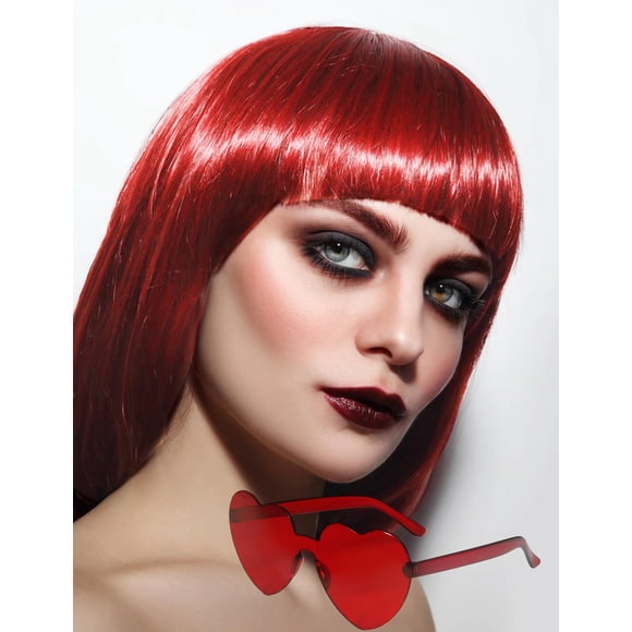 MIUSKATL Peluca y gafas de sol de 12.0 in, color rojo vino, peluca roja para mujer, peluca roja Bob, peluca roja con flequillo, peluca roja corta, disfraz, peluca de fiesta, pelucas para mujer (rojo v