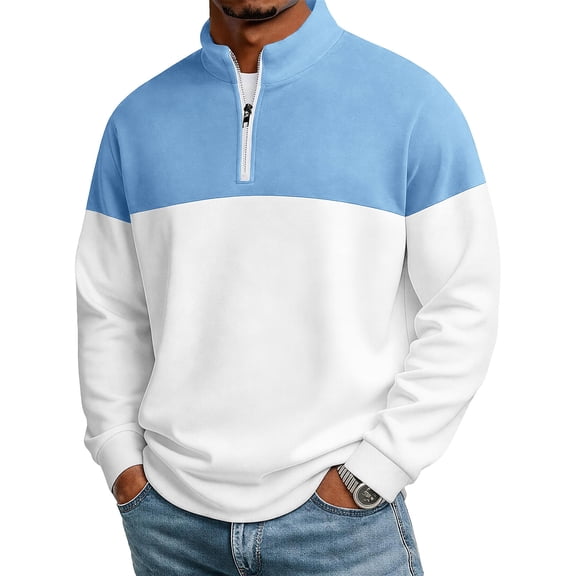 Men's Quarter Zip Stand Collar Sweatshirt Color Block Soft Comfortable Pullover Fall Tops for Outdoor Daily Casual Wear Light Blue XXL