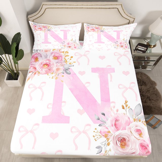 Erosebridal Drap-Housse Rose avec Initiale, Ensemble de Literie de la Saint-Valentin Taille Simple, Décor Romantique Rose 2 Pcs