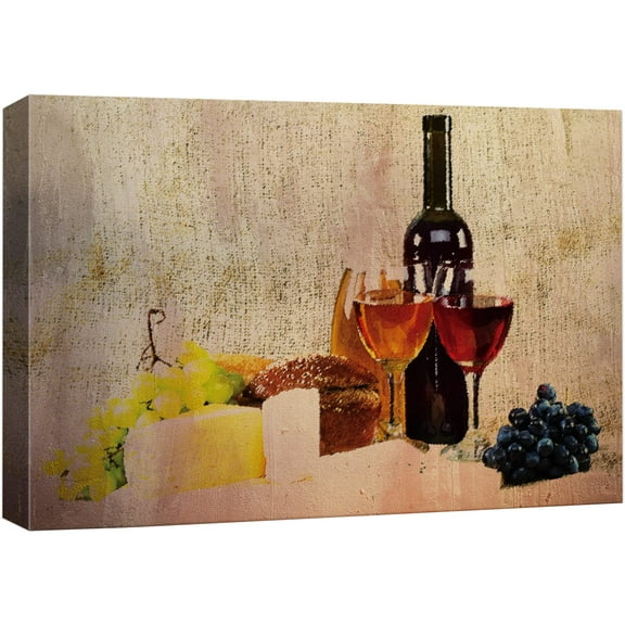 wall26 Framed Canvas Print Wall Art Faded White Wine, Cheese Board and Grapes Food Cocktails & Drinks Digital Art Realism Chic Scenic Colorful for Living Room, Bedroom, Office - 12"x18"