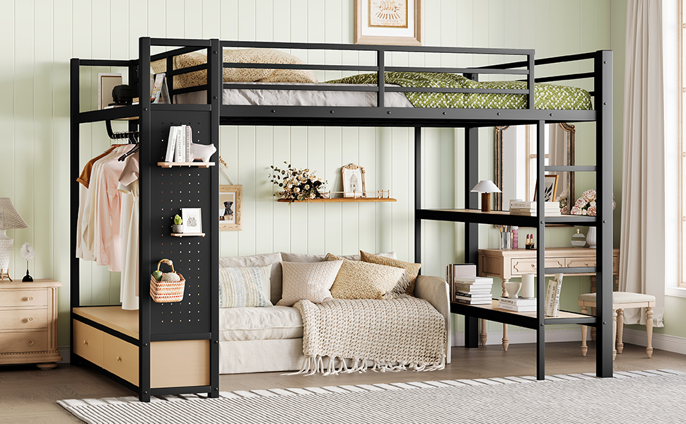 Mintazer Queen Size Loft Bed with Pegboard and Wardrobe, Metal Platform Storage Bed with 2 Drawers & 4 Shelves for Bedroom Dorm, Black