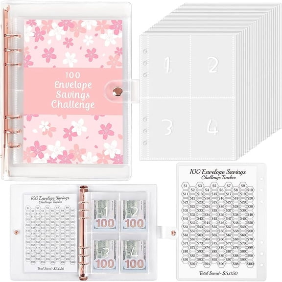 100 Envelopes Money Saving Challenge Binder, Money Saving Binder with Laminated $5050 Tracker Sheet & Pre-numbered Pockets (Pink)