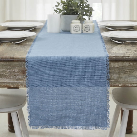 VHC Brands Burlap Blue Runner Fringed 12x72