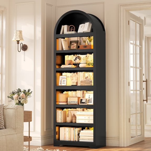 79.4" Tall Arched Cabinet, Modern 7-Tier Bookshelf with RGB Light and Adjustable Shelf for Living Room, Kitchen, Home Office, Black