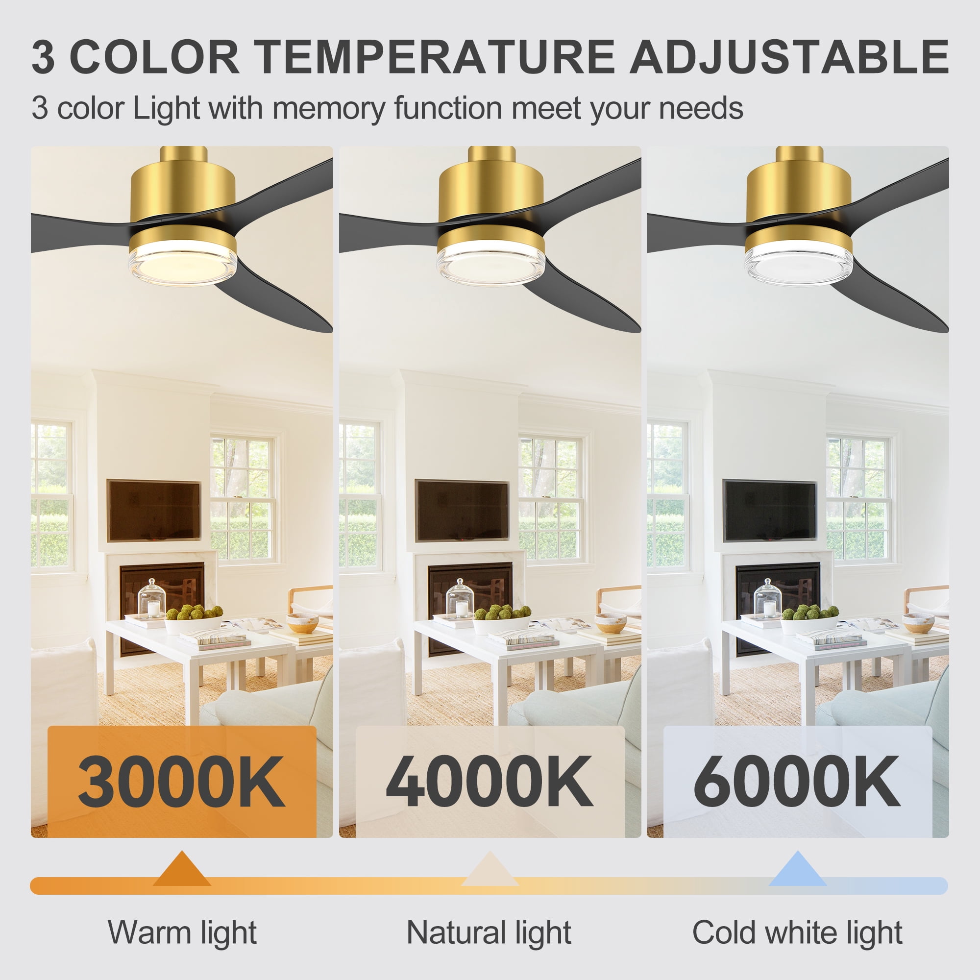 ALKAFY 52 inch Golden Ceiling Fan with LED Light and Remote -  3 Color Temperatures, for Living Room & Bedroom
