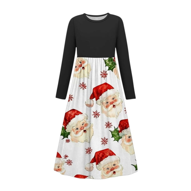 Vestido de manga larga con cuello redondo para niña, estampado navideño, manga larga, cuello redondo, bolsillos, falda larga informal para adultos, vestido de poliéster para niña.