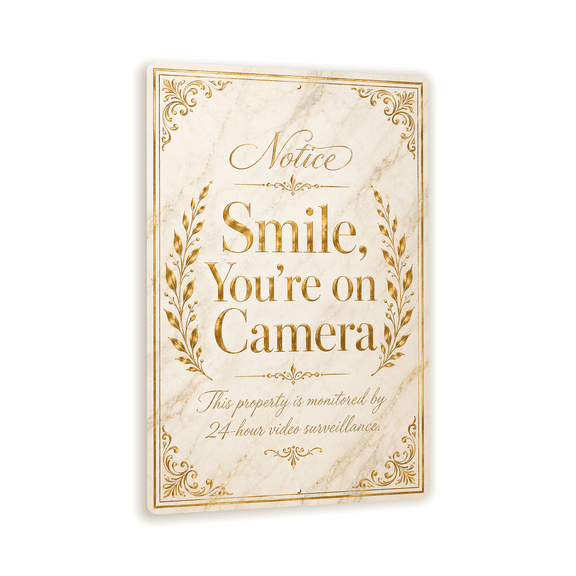 Smile, You're on Camera Luxe Gold Business Sign - Metal Safety & Compliance Sign for businesses, facilities & worksites - 8"x 12" Aluminum Wall Sign - Indoor / Outdoor