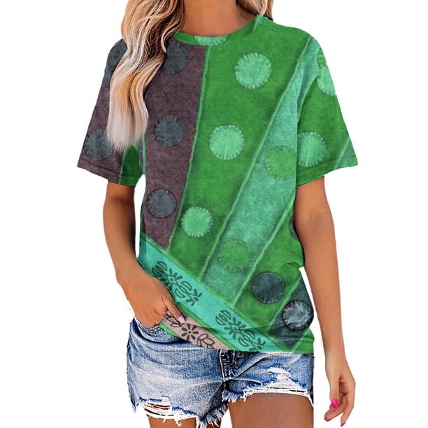 Blusa de Manga Corta Cuello Redondo Impreso Señoras Casual Top, Blusa Ligera de Poliéster para el Trabajo, la Fiesta Y Toda la Temporada de Uso Diario