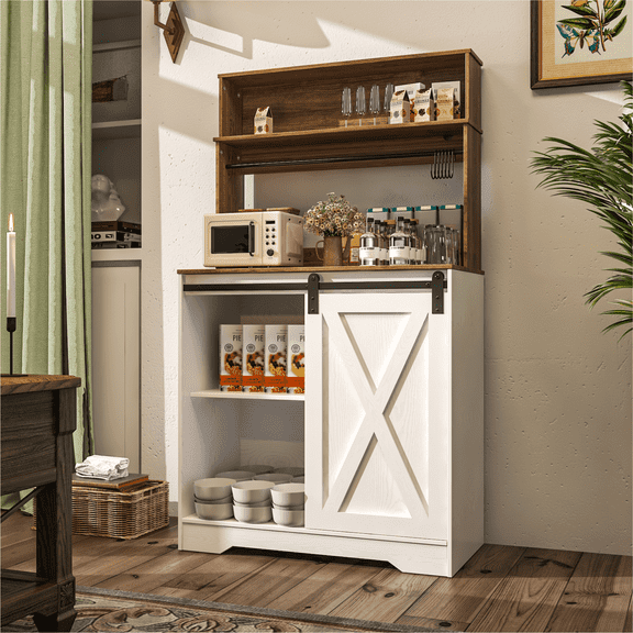 EVOKEDEN Farmhouse Coffee Bar Cabinet w/ LED Light 55'' Bakers Rack w/ Storage White