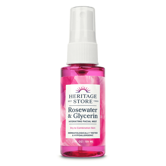 HERITAGE STORE Rosewater & Glycerin Hydrating Facial Mist - Dry Combination Skin Care - Rose Water Spray w/ Vegetable Glycerine, Made Without Dyes or Alcohol, Hypoallergenic, Vegan, Cruelty Free, 2oz
