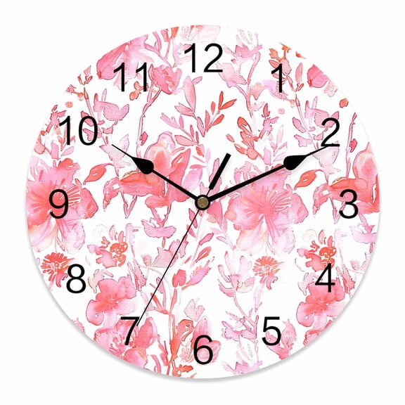 Wall Clock Watercolor Flower Clocks PVC Silent Non-Ticking Battery Operated Decorative Pink Floral Plant Round Clock for Home Living Room Kitchen Bedroom Office School Wall Decor 10 Inch